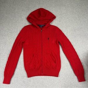 Ralph Lauren Sport Sweater Medium Red Womens Pony Hooded Cable Knit Full Zip